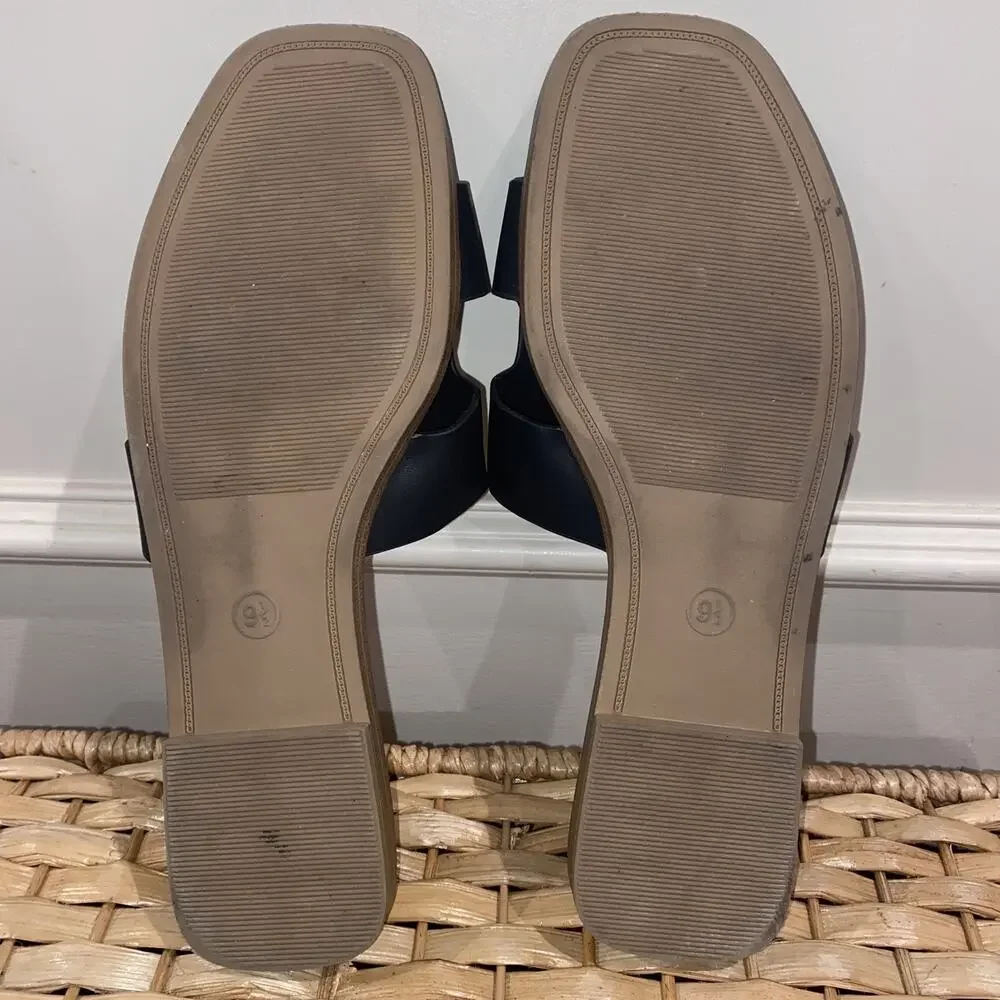 Nina Slide Sandals Sz 9.5 Women Black Faux Leather H-Band Casual Slip-On
